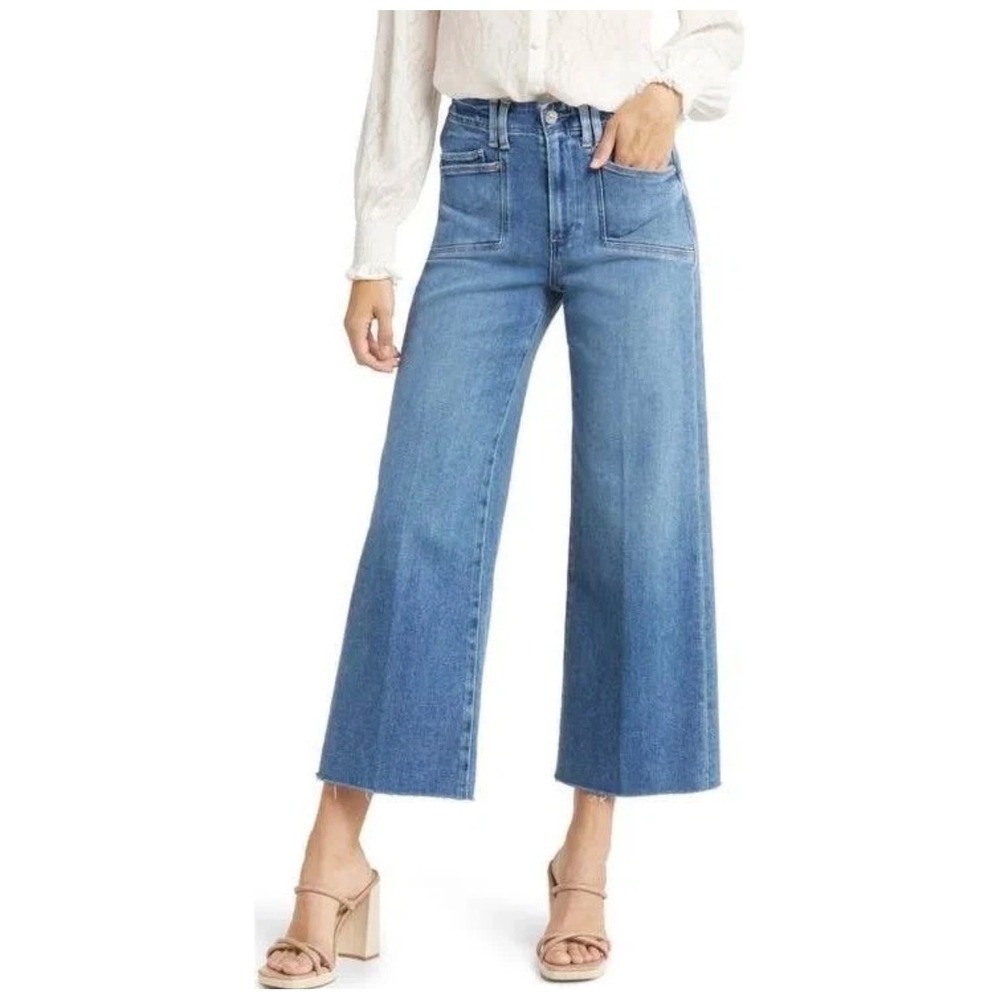PAIGE Anessa Petite High Rise Wide Leg Raw Hem Jeans Blue 28
